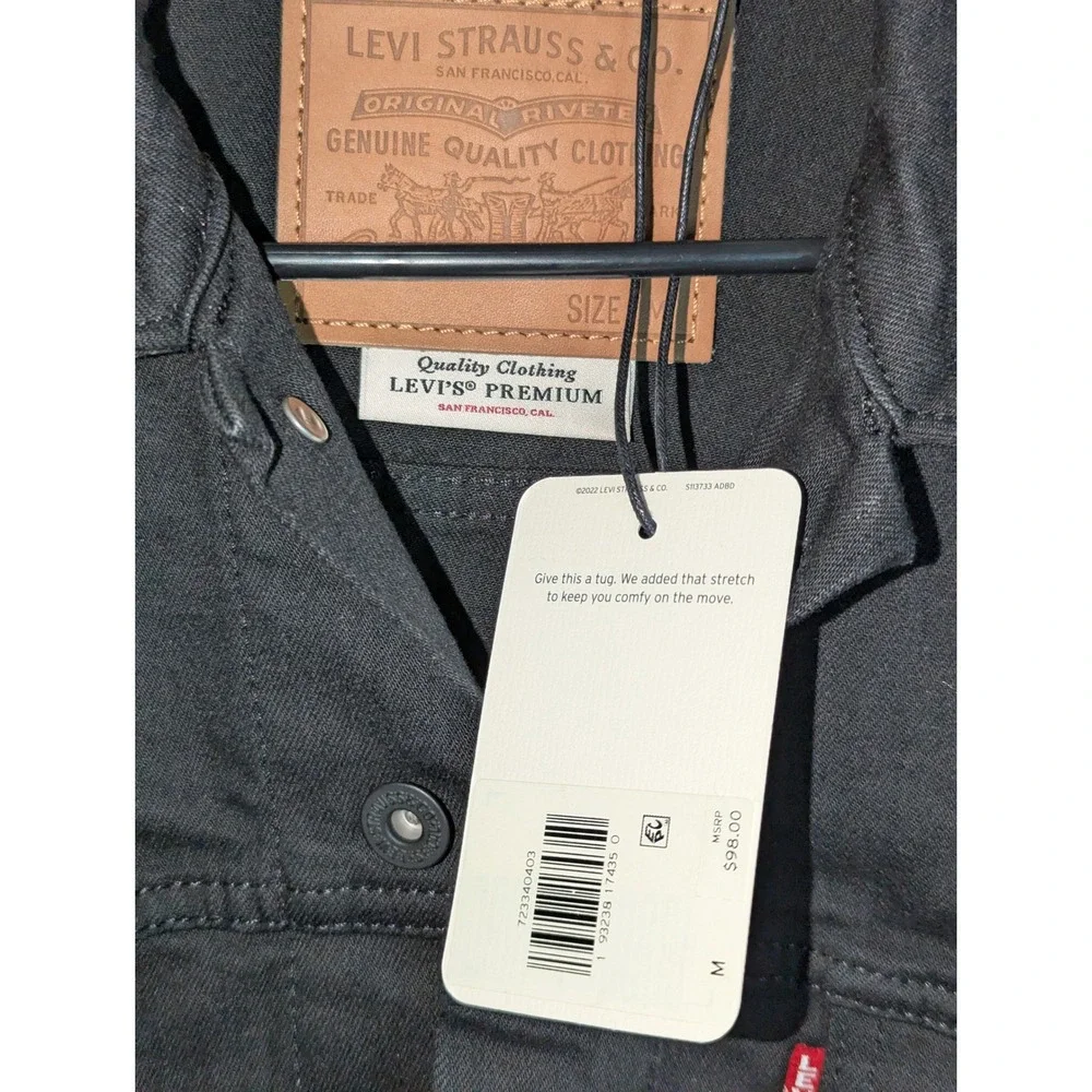 Levis Premium Trucker Jacket Mens Medium Black Denim Stretch Coat 723340403 NEW - Picture 2 of 12